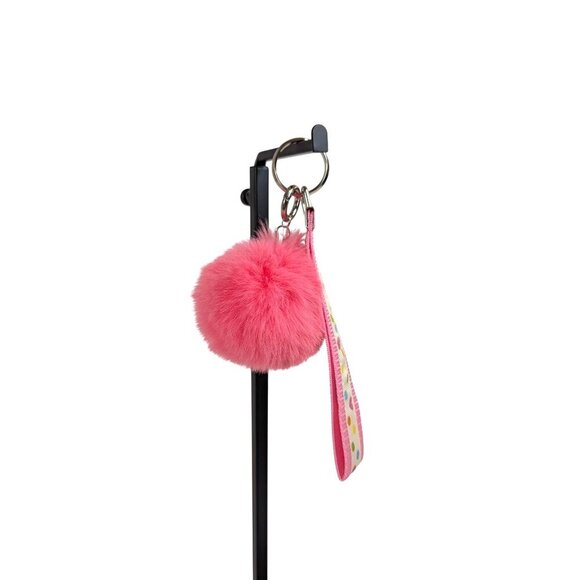 Pink pompom purse charm polka dot lanyard wrist strap keychain wristlet NEW - Picture 2 of 3